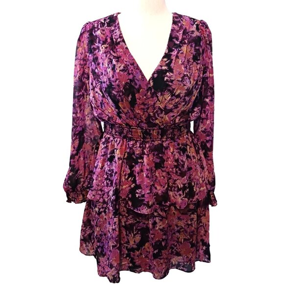 NEW VERO MODA‎ Britt Ruffle Long Sleeve Dress in Black/Purple Multi, Size M - Picture 3 of 14